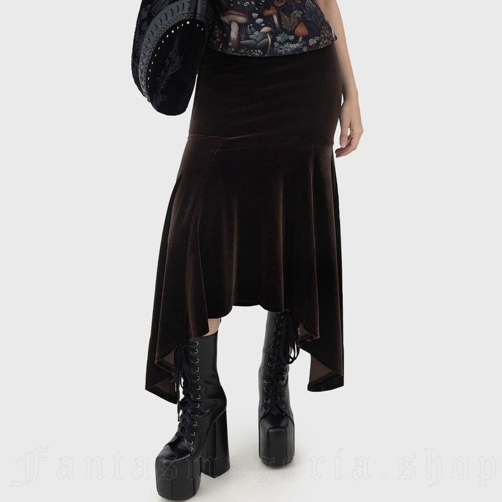 Dark‎ Brown Velvet Asymmetrical High Low Ruffle Gothic Midi Skirt